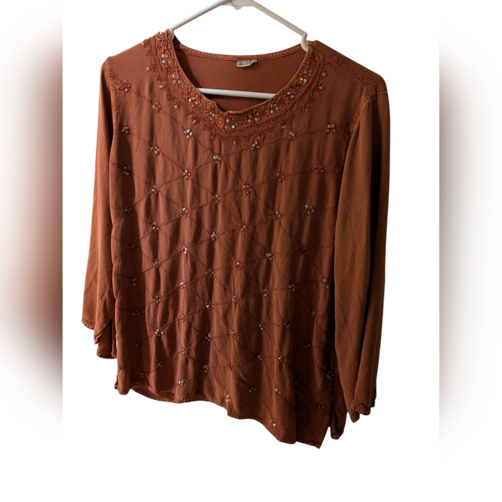 Rust-Orange 3/4 Sleeve Embellished Blouse